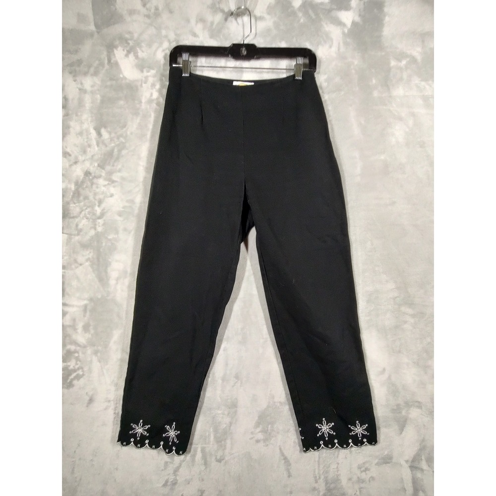 Talbots Womens Black Embroidered Scalloped Hem Cropped Pants Size 6 Cotton